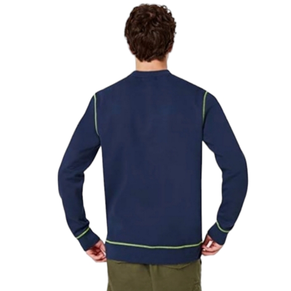 Oakley Men's Overlock Sweater 472546 Foggy Blue Yellow Stitching Pullover Large - Picture 2 of 7